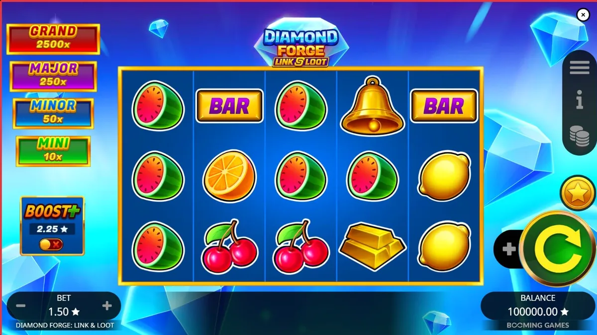 Tampilan visual slot Diamond Forge Link & Loot dengan simbol buah dan berlian yang bersinar